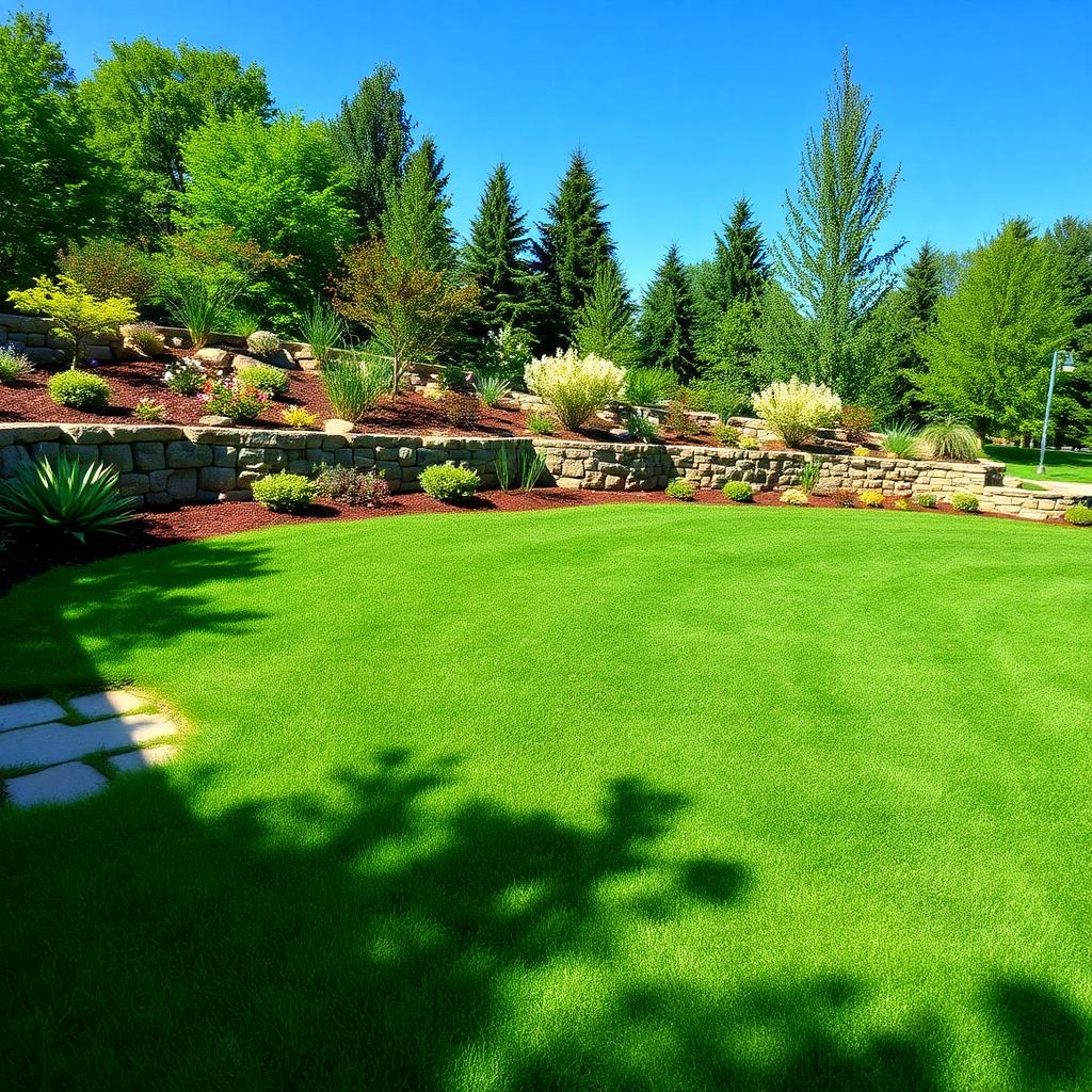 Landscaped retaining wall and lawn