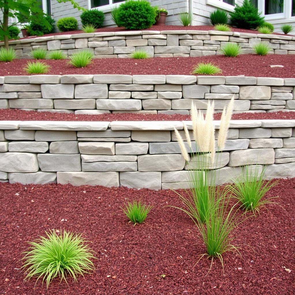 Stacked stone retaining wall with plantings