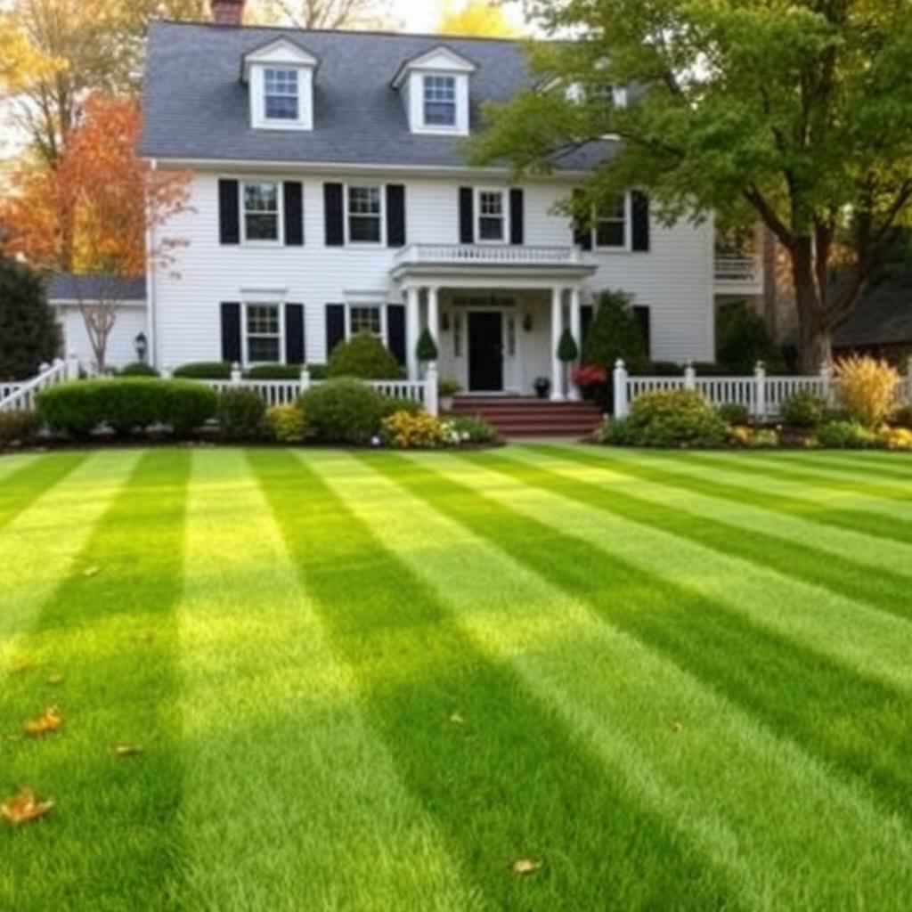 Striped front lawn of a colonial home