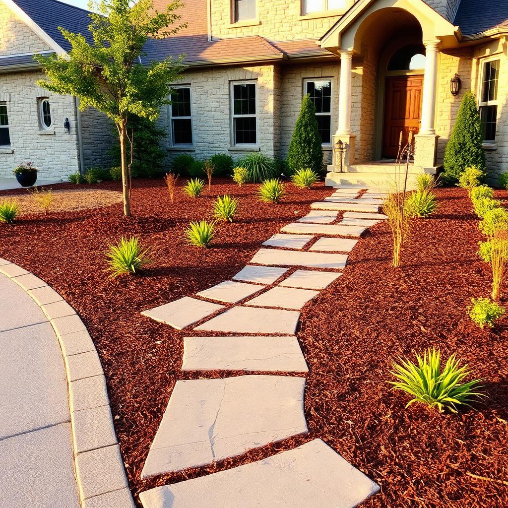 Stone walkway with fresh mulch beds