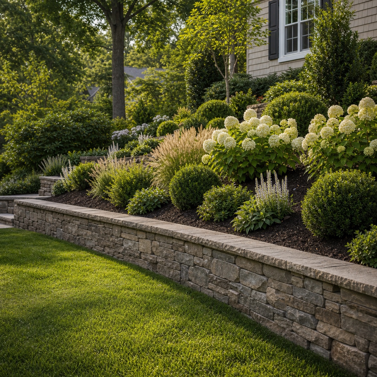 Stone retaining wall with hydrangeas, shrubs, and a clean lawn edge