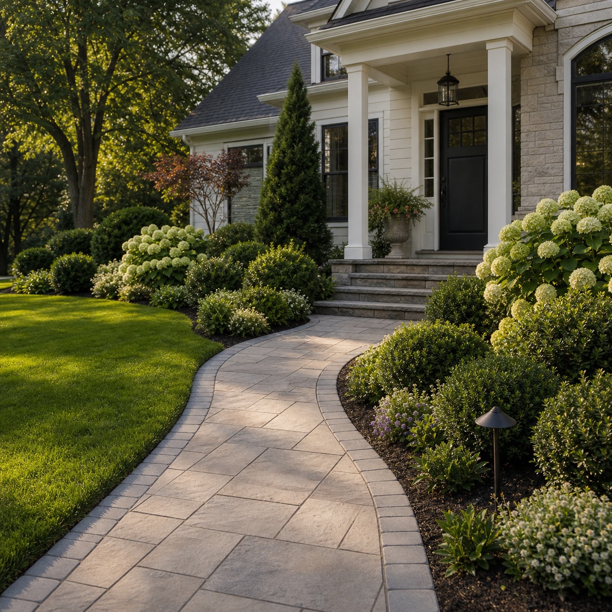 Paver walkway and front entry landscaping with shrubs and hydrangeas