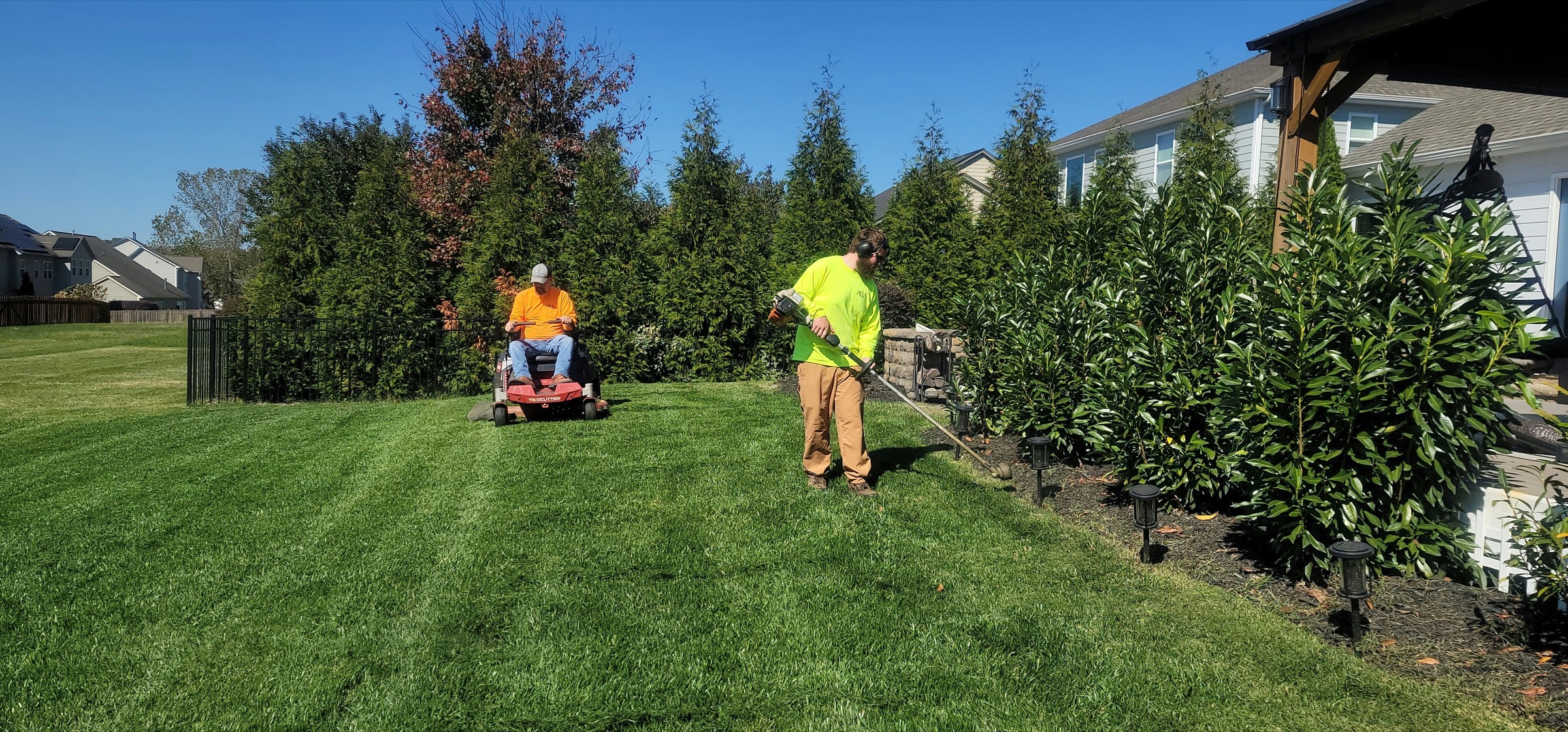 Two lawn care workers maintaining a suburban backyard and planting beds