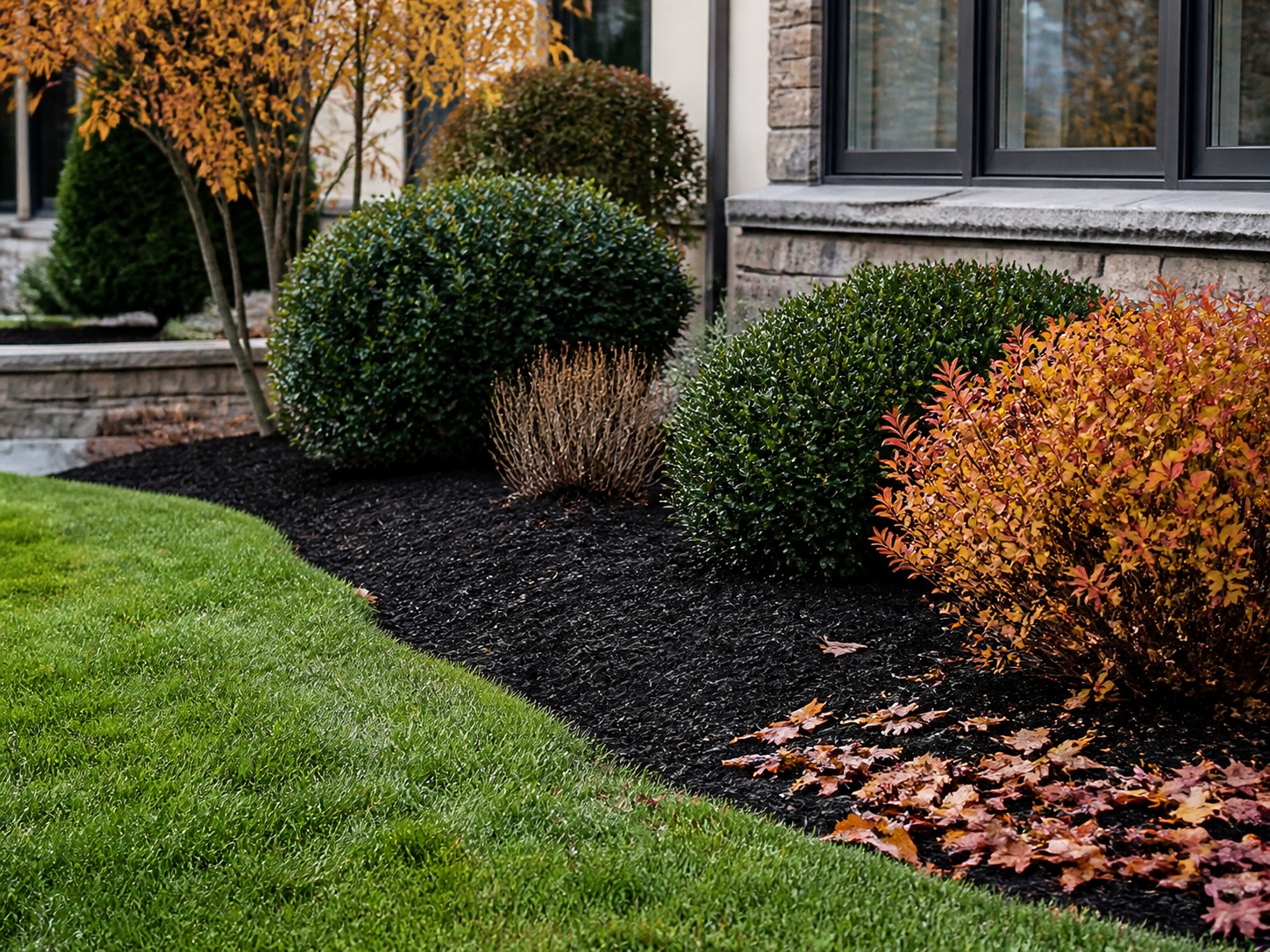 Fresh seasonal cleanup with mulch, shrubs, and autumn leaves