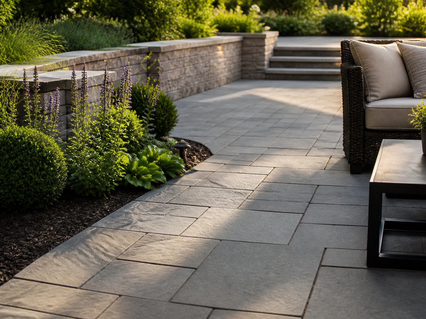 Finished paver patio with stone texture and planting border