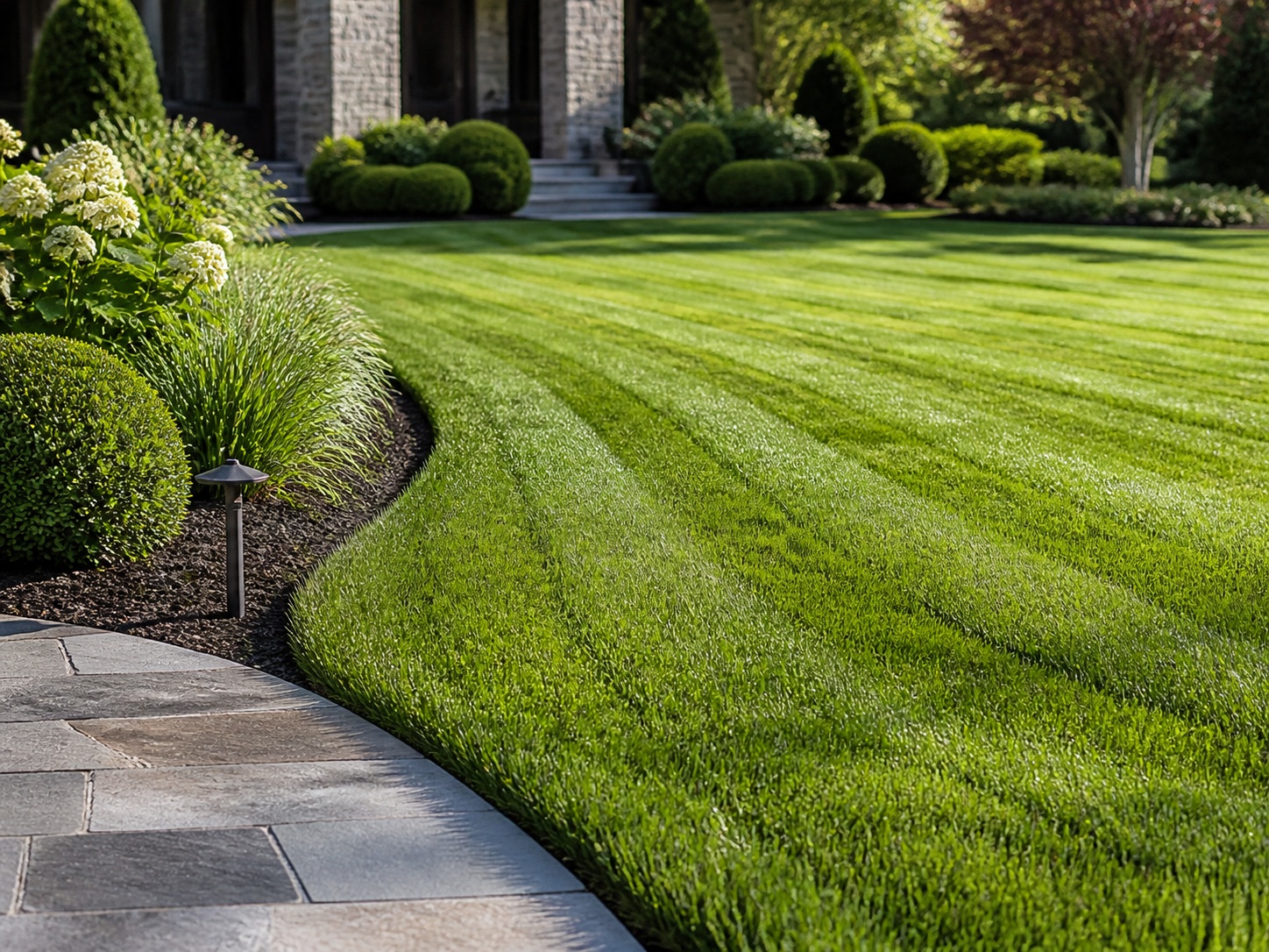 Freshly striped lawn beside a clean planting bed
