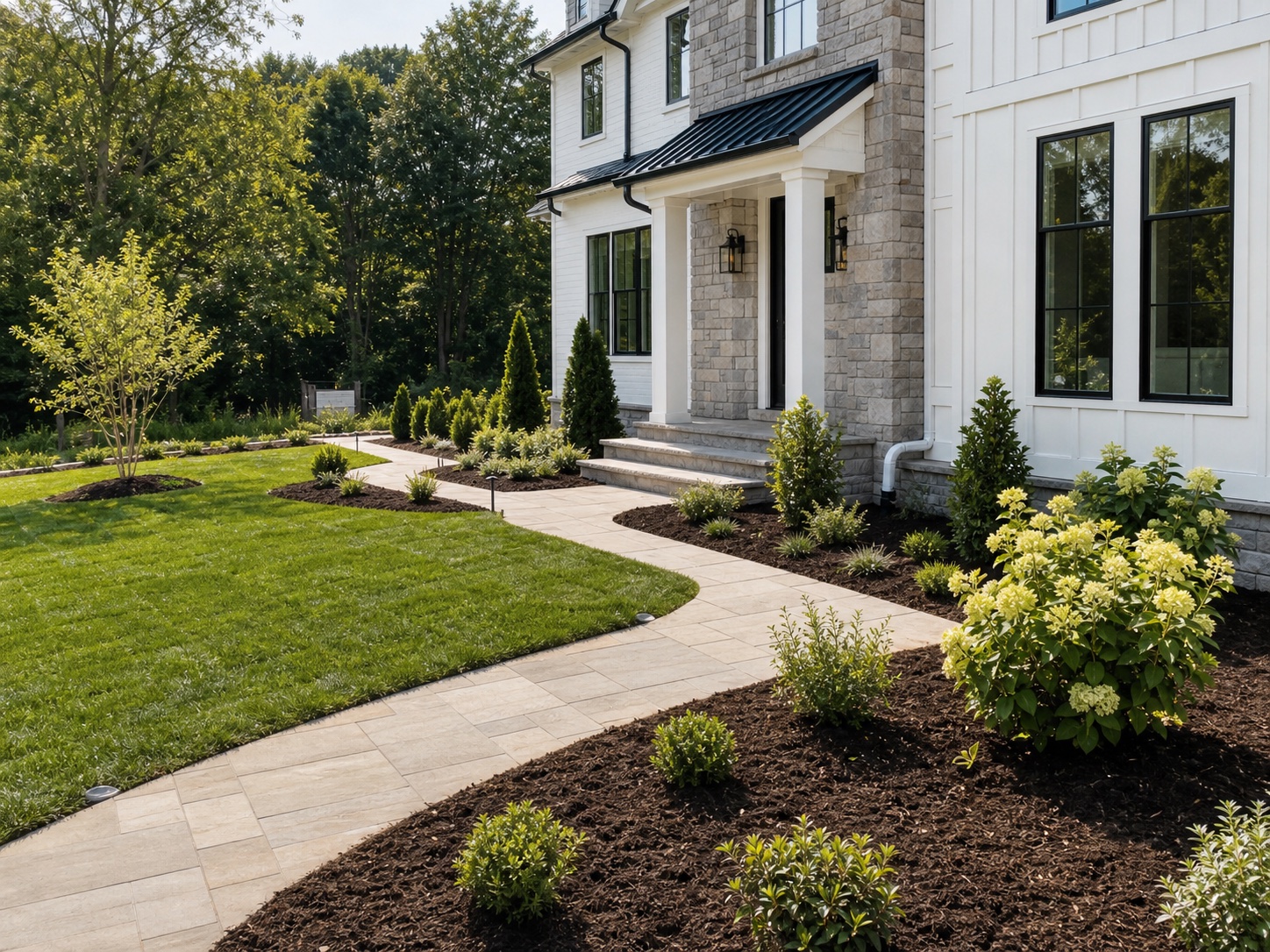 New home landscaping with fresh sod, walkway, and plantings