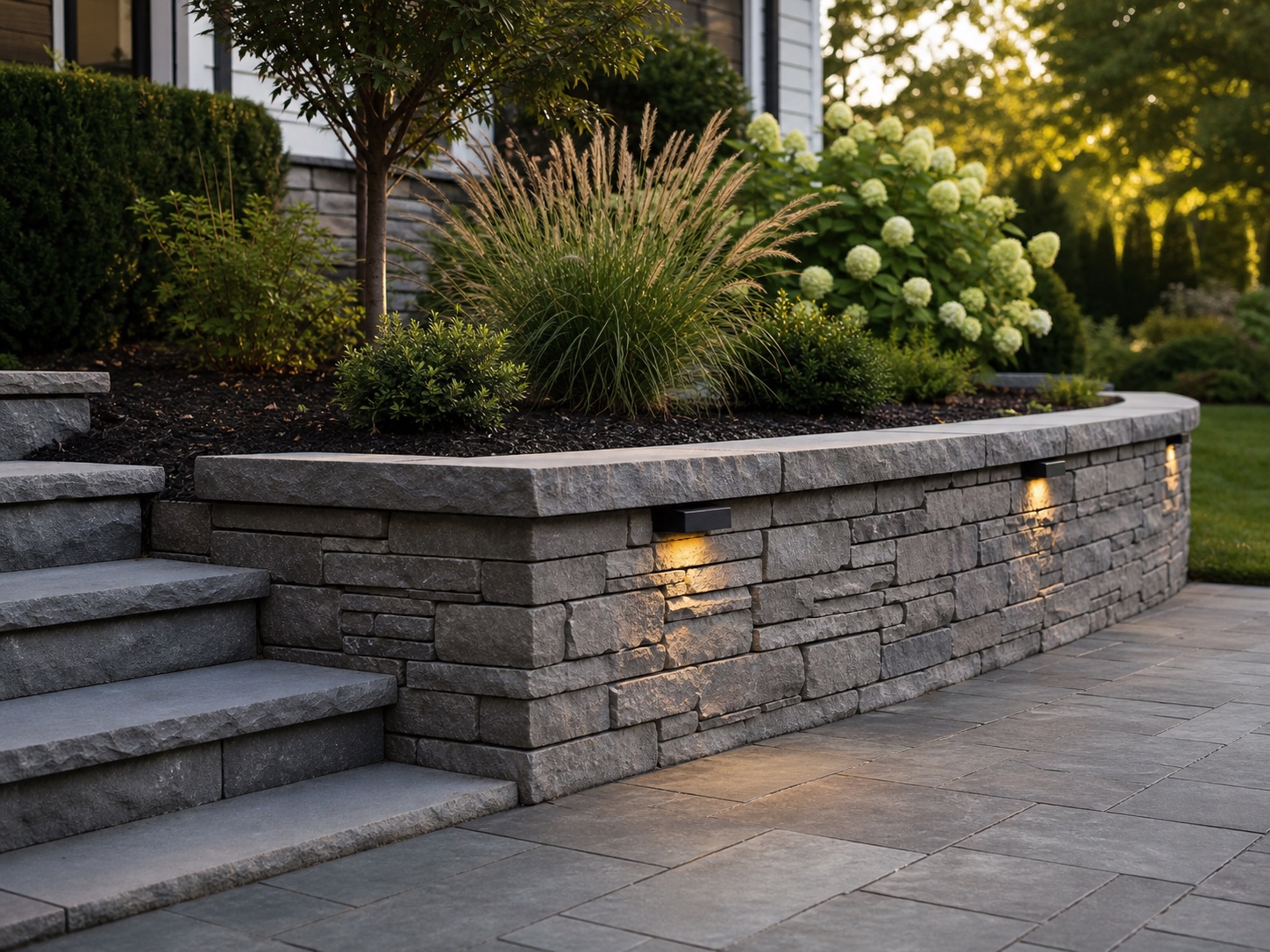 Stone retaining wall with patio and planted bed