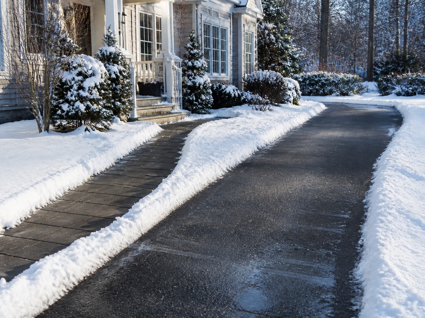 Freshly cleared driveway and front walkway after snowfall